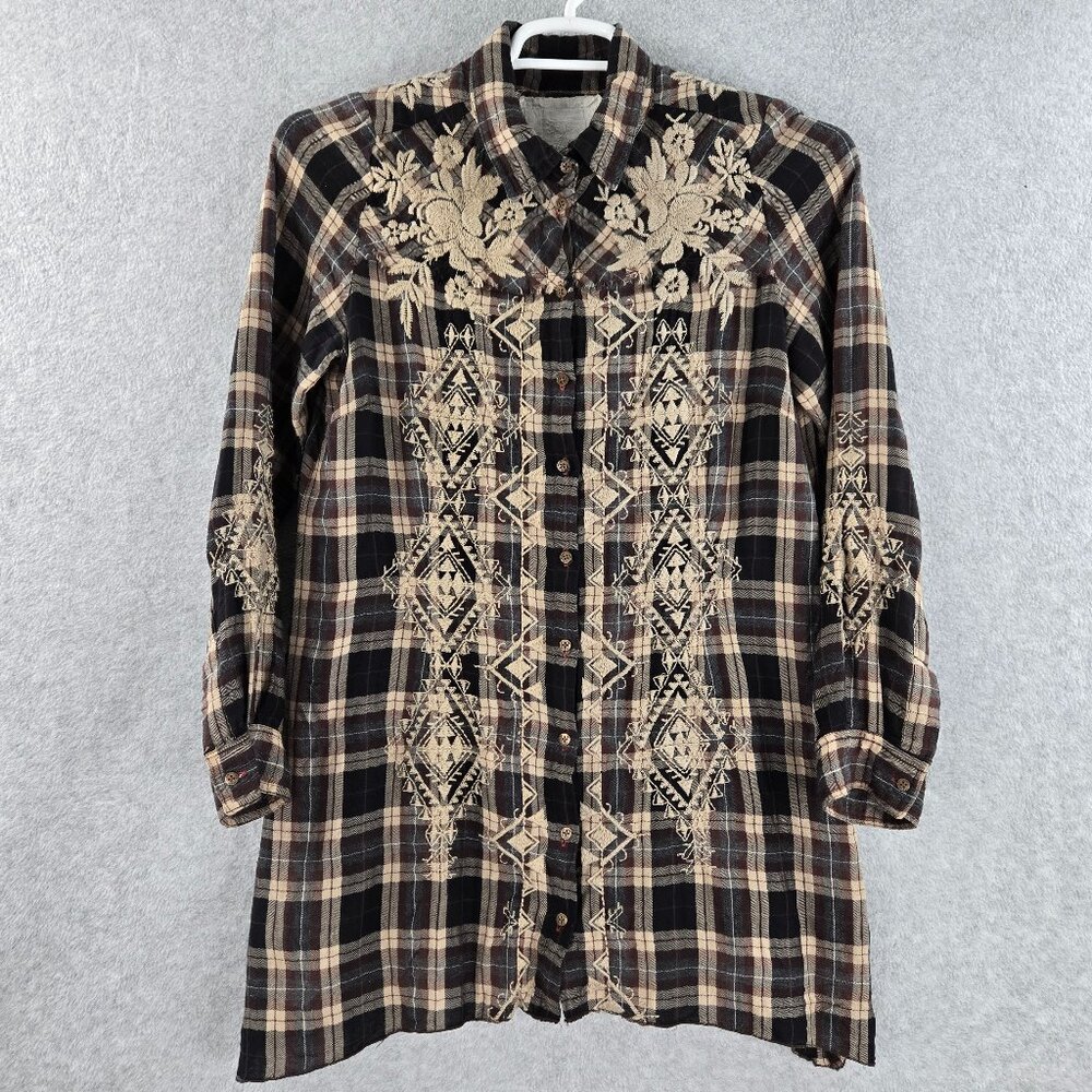Johnny Was 3J Workshop Top Tunic Womens Medium Plaid Embroidered Button Boho